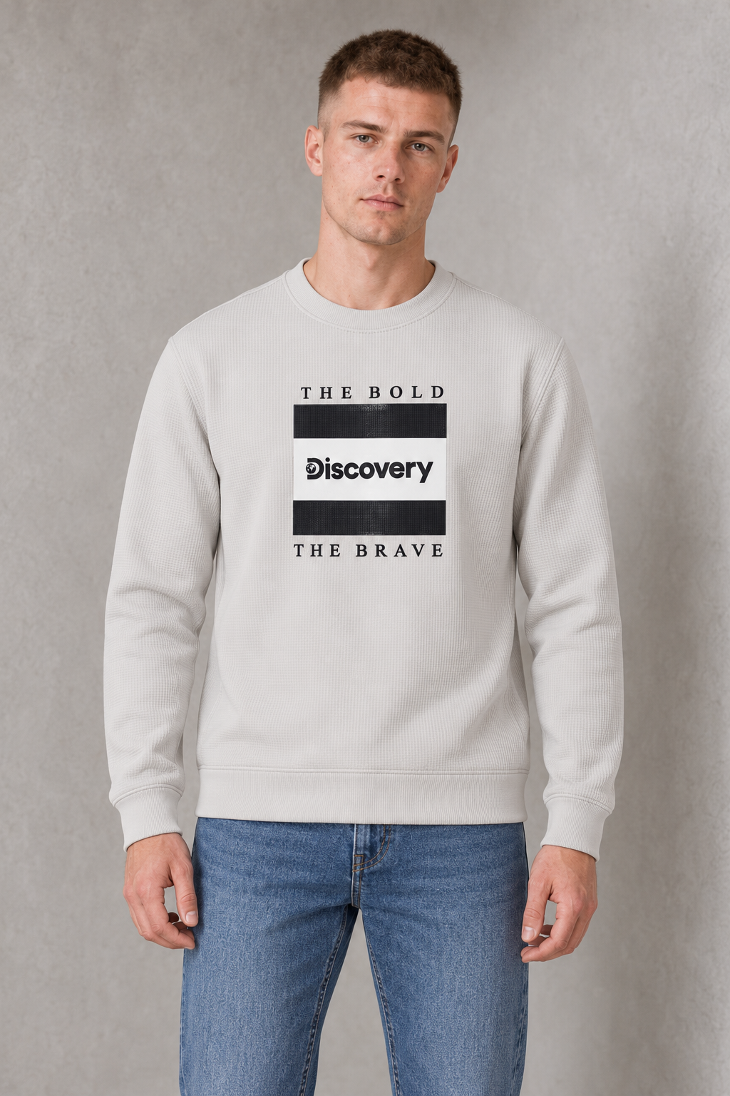 Men's Bonded Waffle Knitted Cotton Fleece Crew Neck Sweatshirt with Discovery Graphic Print – Onyx