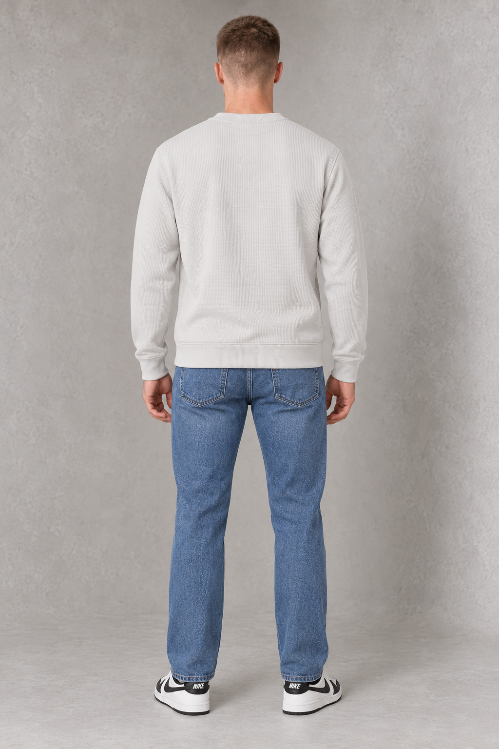Men's Bonded Waffle Knitted Cotton Fleece Crew Neck Sweatshirt with Discovery Graphic Print – Onyx