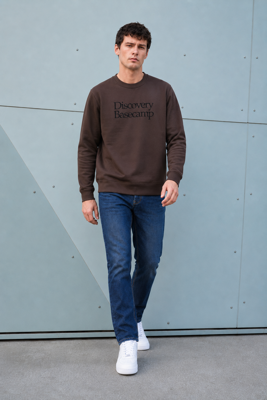 Men’s Espresso Cotton Fleece Crew Neck Sweatshirt – Regular Fit Full Sleeve Discovery Graphic Sweatshirt