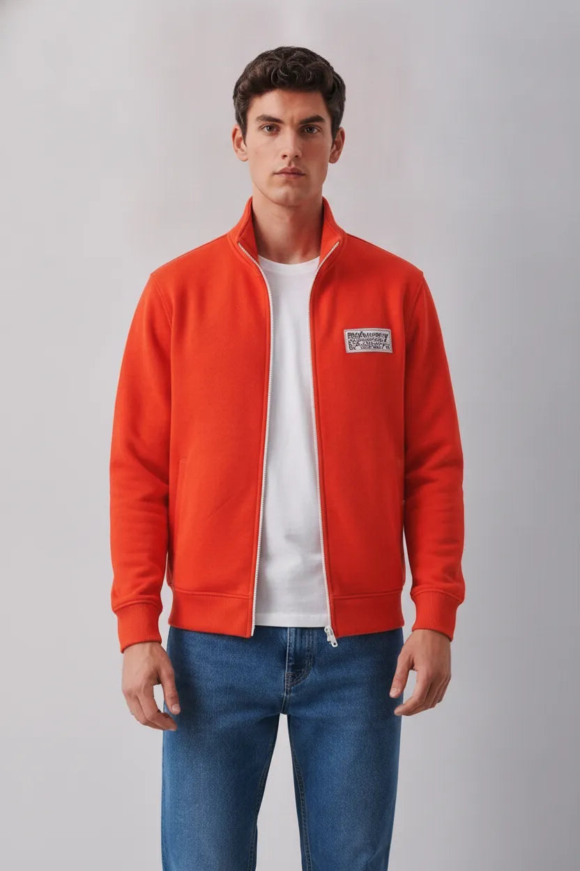 Discovery Cotton Fleece Full-Zip Sweatshirt – Cyber Orange | Winter High-Neck Sweatshirt with Graphic Branding