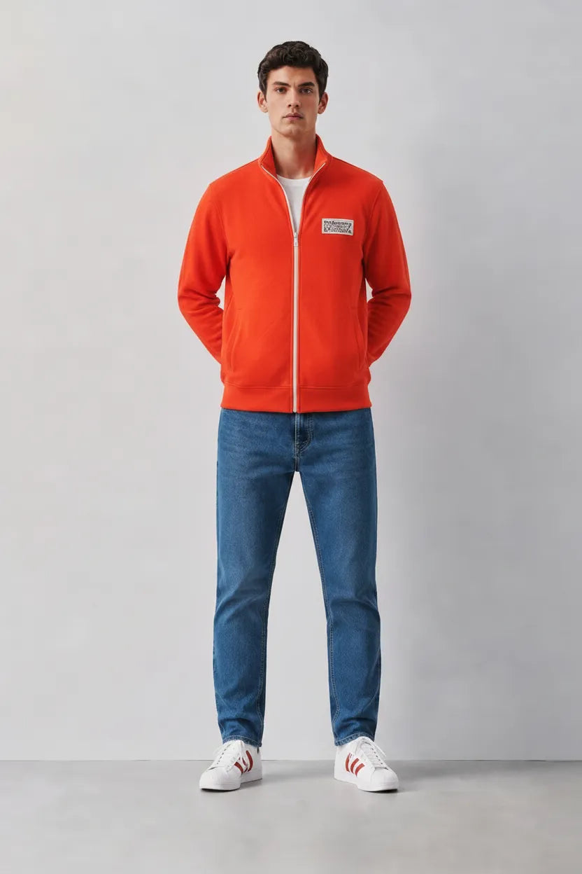 Discovery Cotton Fleece Full-Zip Sweatshirt – Cyber Orange | Winter High-Neck Sweatshirt with Graphic Branding