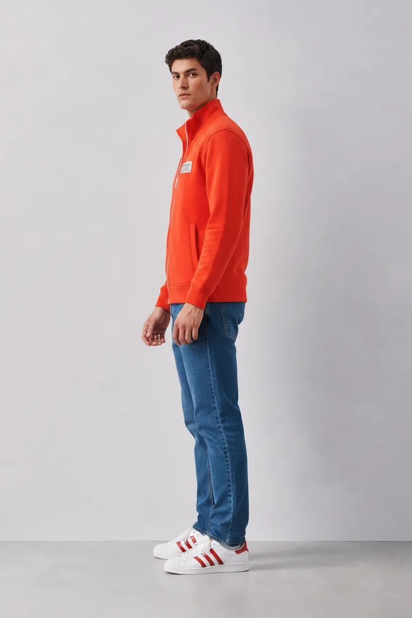Discovery Cotton Fleece Full-Zip Sweatshirt – Cyber Orange | Winter High-Neck Sweatshirt with Graphic Branding