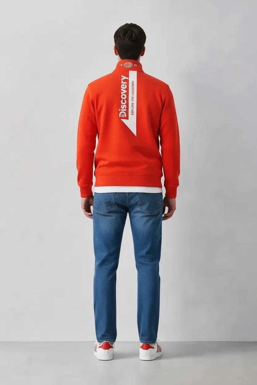 Discovery Cotton Fleece Full-Zip Sweatshirt – Cyber Orange | Winter High-Neck Sweatshirt with Graphic Branding