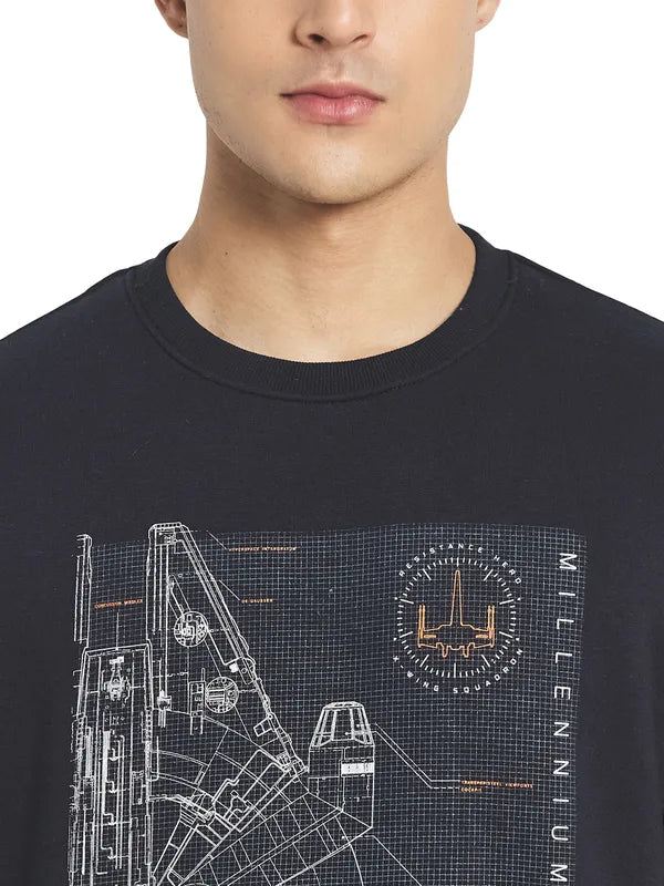 Octave Men Navy Blue Printed Fleece Sweatshirt