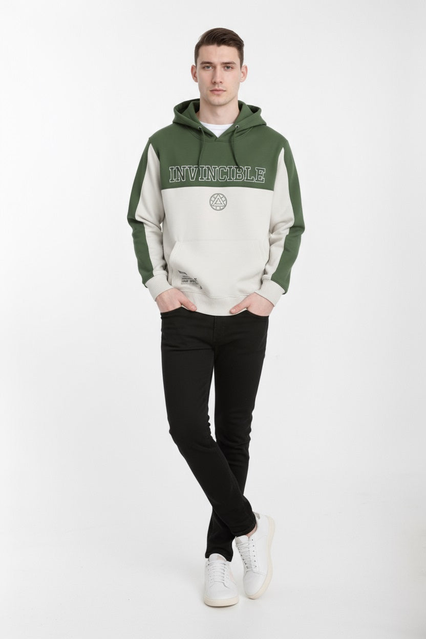 Octave Men Olive Colourblocked Hooded Sweatshirt