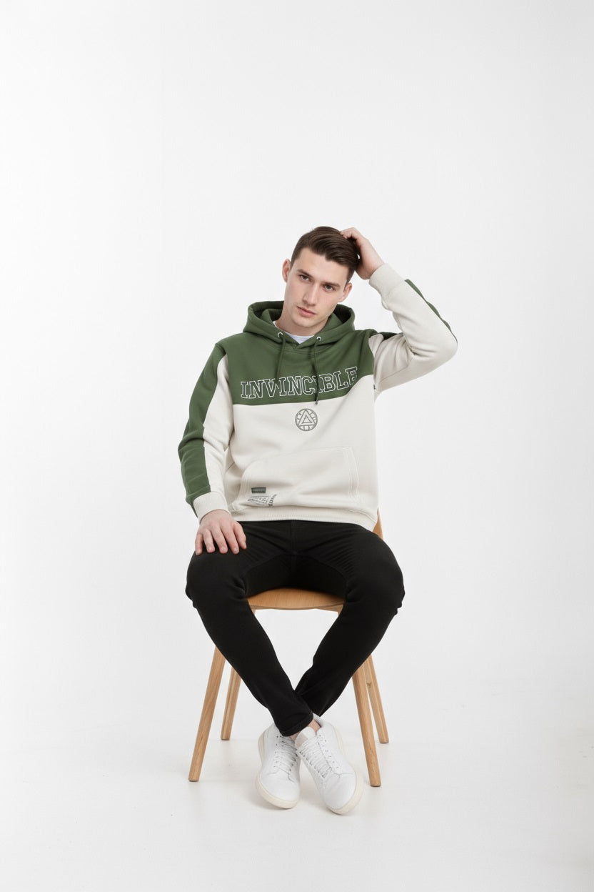 Octave Men Olive Colourblocked Hooded Sweatshirt