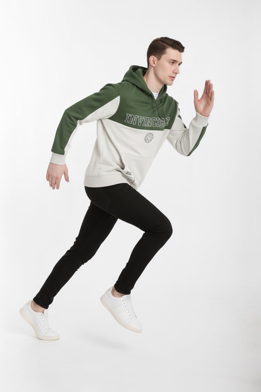 Octave Men Olive Colourblocked Hooded Sweatshirt