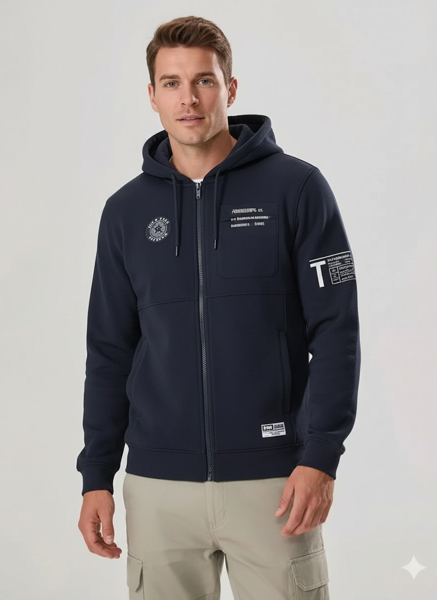 Men Dark Navy Printed Hooded Sweatshirt