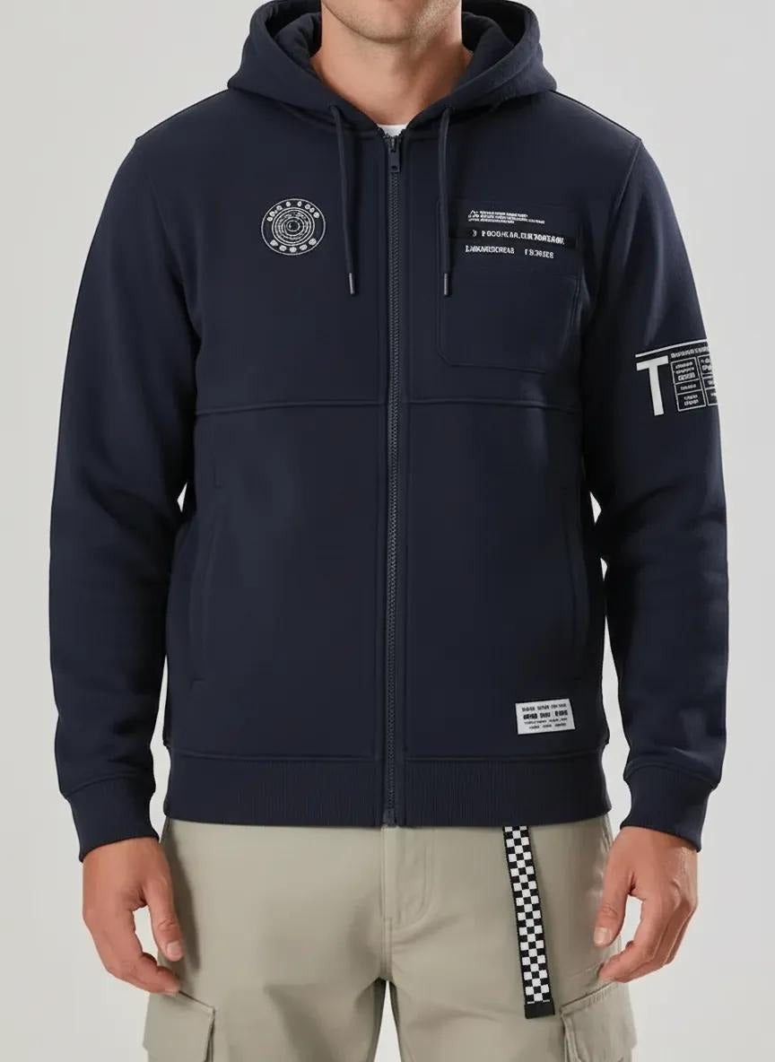 Men Dark Navy Printed Hooded Sweatshirt