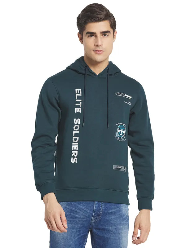 Octave Men Green Printed Fleece Hooded Sweatshirt