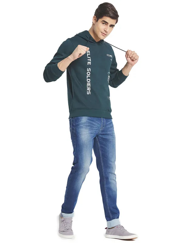 Octave Men Green Printed Fleece Hooded Sweatshirt