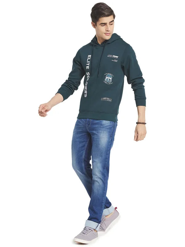 Octave Men Green Printed Fleece Hooded Sweatshirt