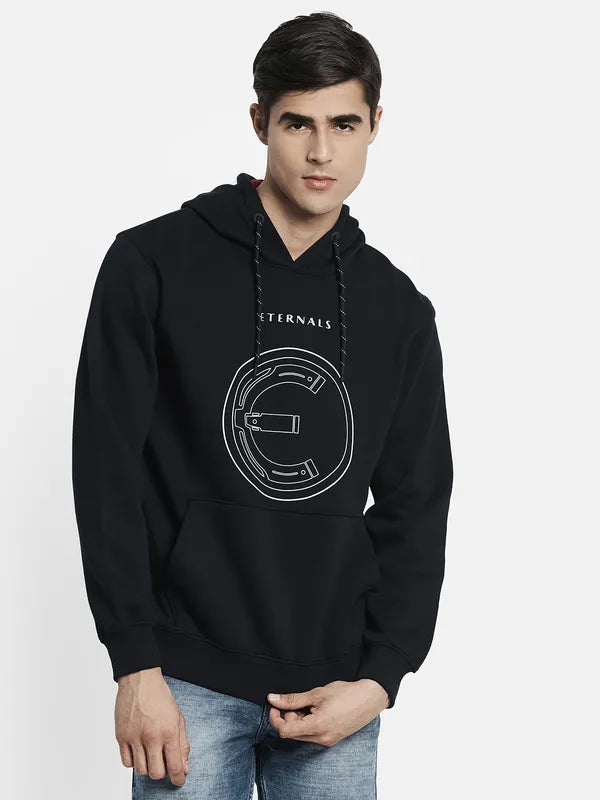 Men Navy Blue Printed Hooded Sweatshirt