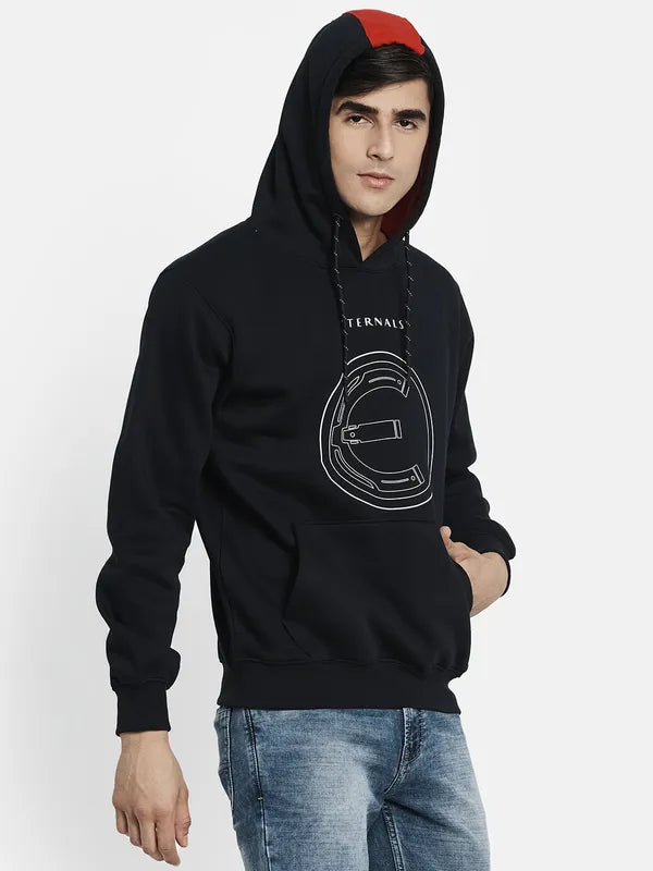 Men Navy Blue Printed Hooded Sweatshirt