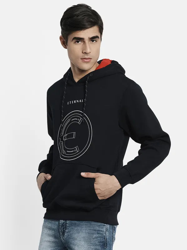 Men Navy Blue Printed Hooded Sweatshirt