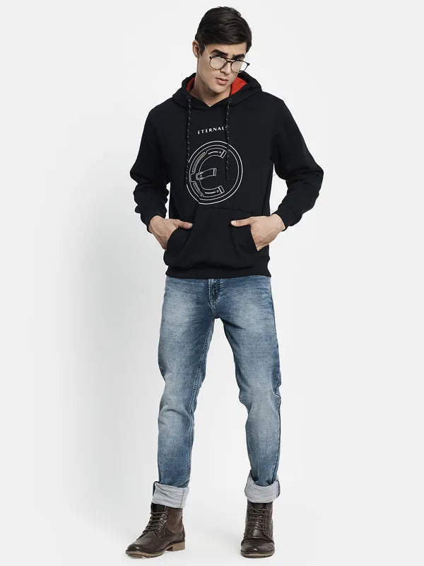 Men Navy Blue Printed Hooded Sweatshirt