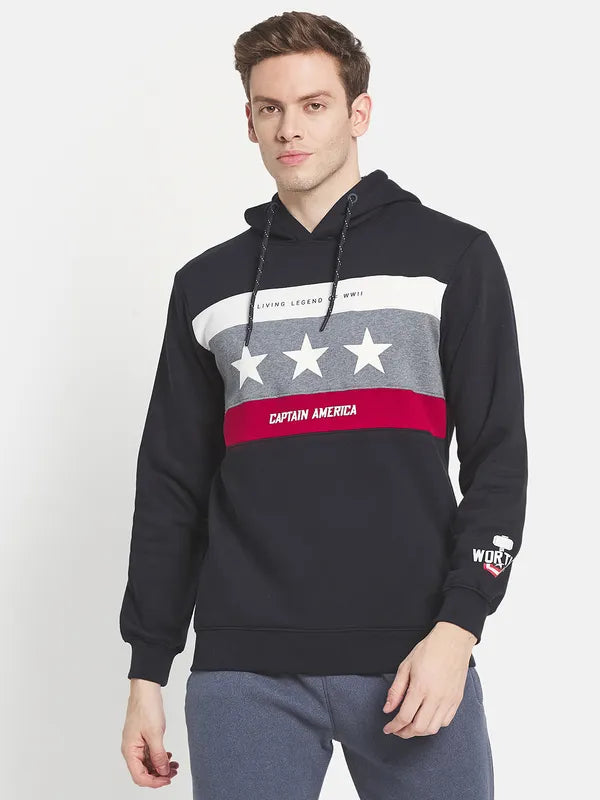 Men Navy Blue Printed Hooded Fleece Sweatshirt