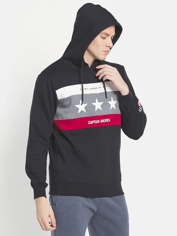 Men Navy Blue Printed Hooded Fleece Sweatshirt