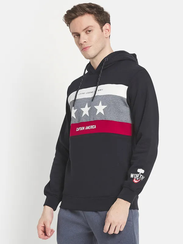 Men Navy Blue Printed Hooded Fleece Sweatshirt