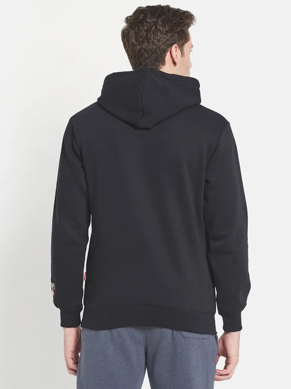 Men Navy Blue Printed Hooded Fleece Sweatshirt