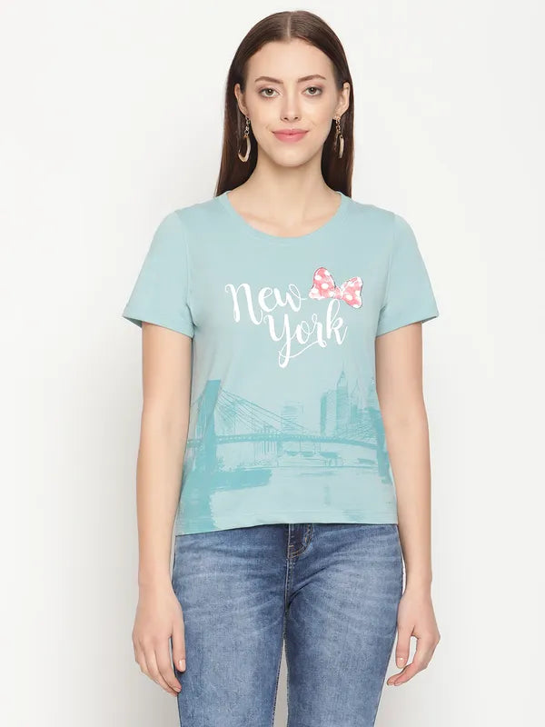 Mettle Women Blue Typography Printed T-Shirt