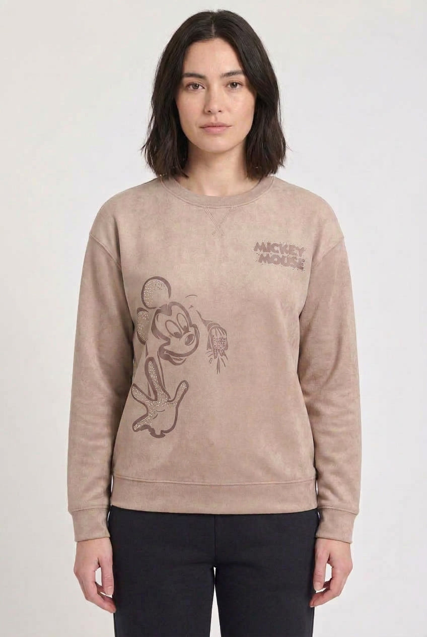 Women’s Sepia Knitted Suede Mickey Mouse Sweatshirt – Regular Fit Crew Neck