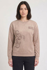 Women’s Sepia Knitted Suede Mickey Mouse Sweatshirt – Regular Fit Crew Neck
