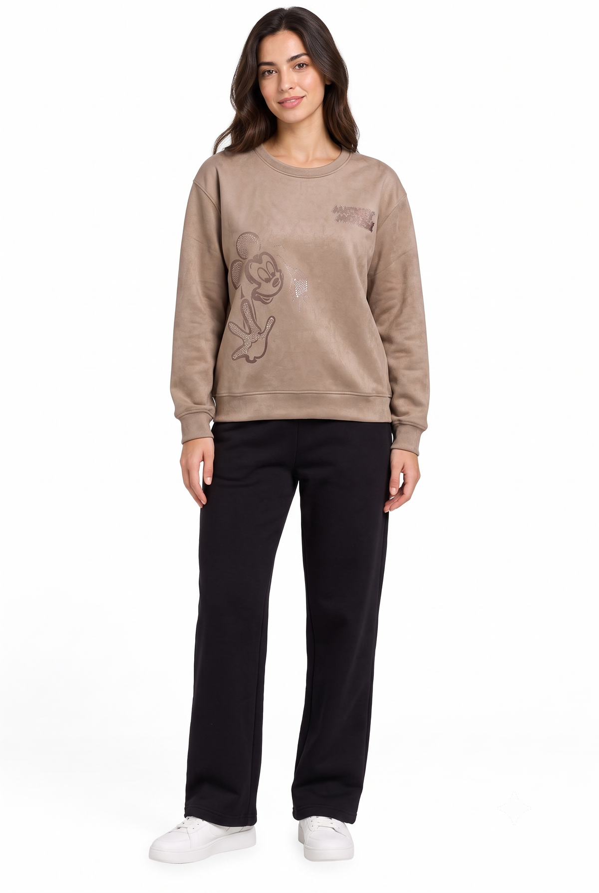 Women’s Sepia Knitted Suede Mickey Mouse Sweatshirt – Regular Fit Crew Neck