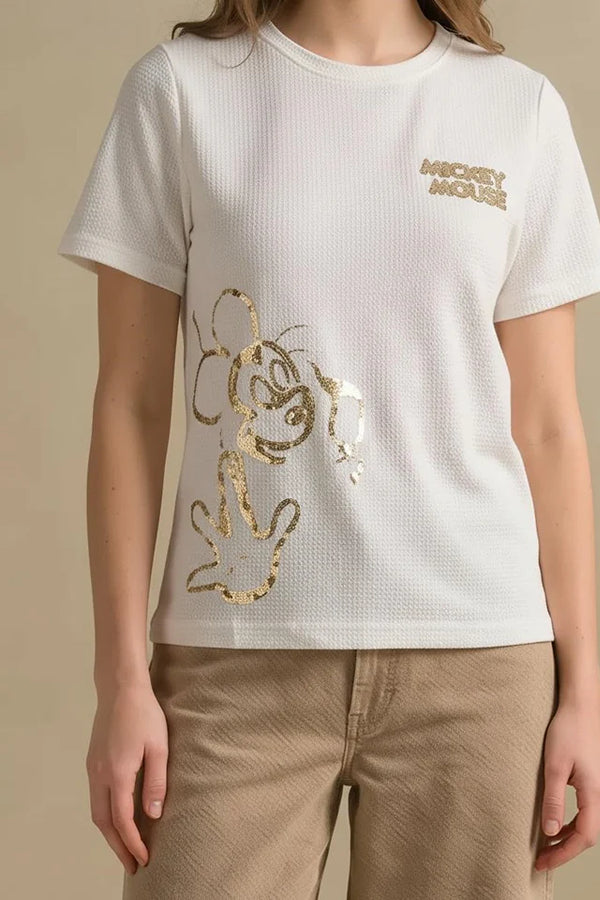 Women Off White Mickey Mouse Printed T-shirt