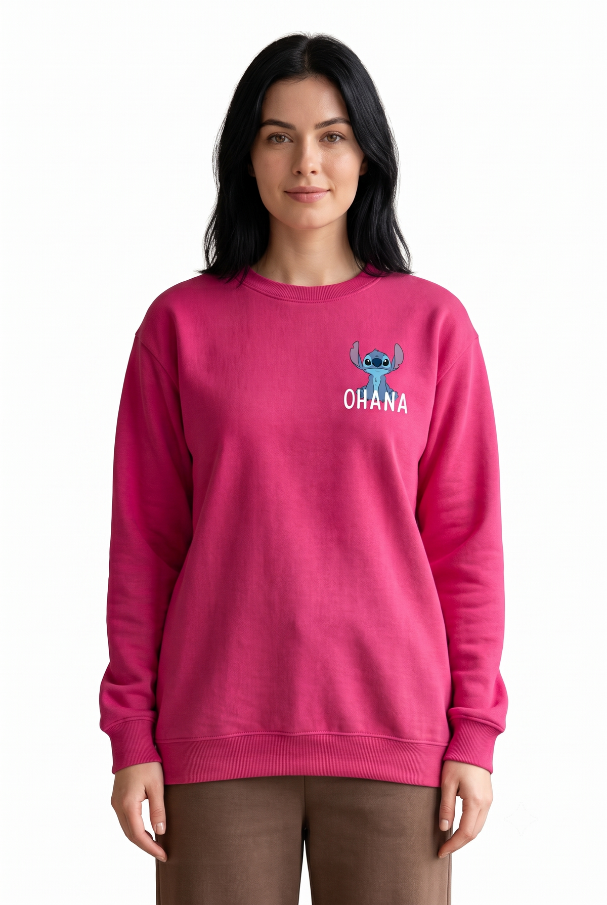 Women’s Hot Pink Disney Stitch Cotton Brushed Fleece Sweatshirt – Regular Fit