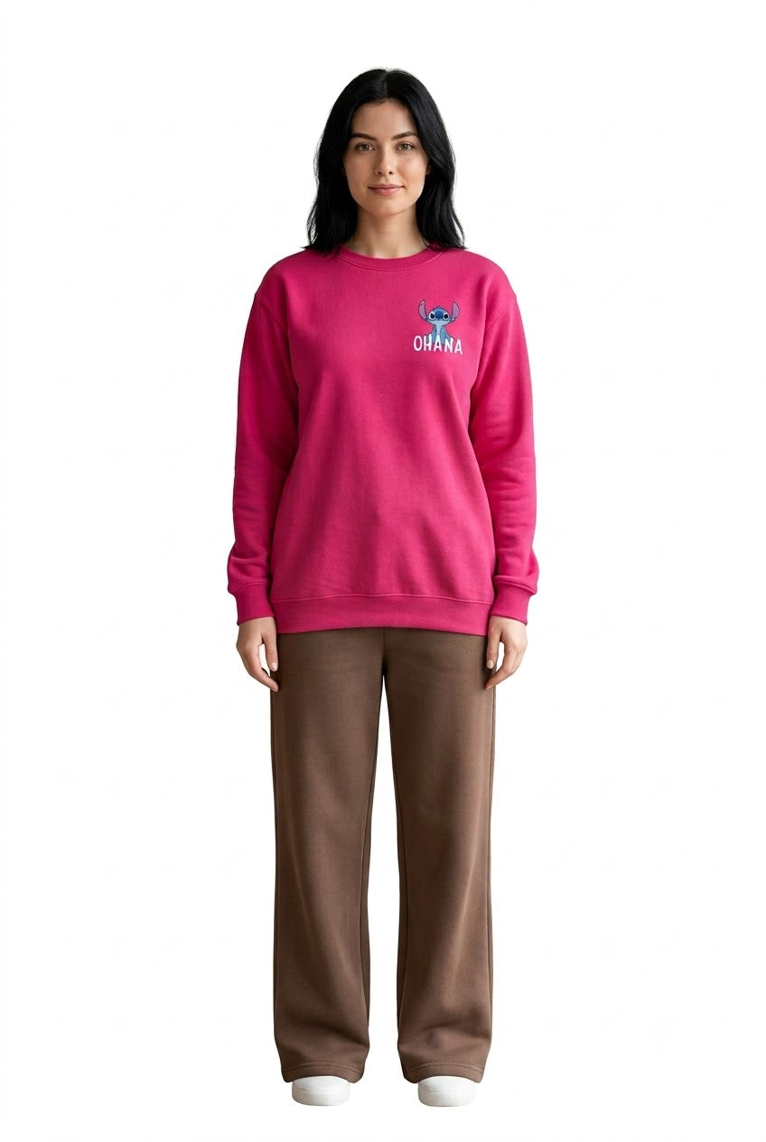Women’s Hot Pink Disney Stitch Cotton Brushed Fleece Sweatshirt – Regular Fit
