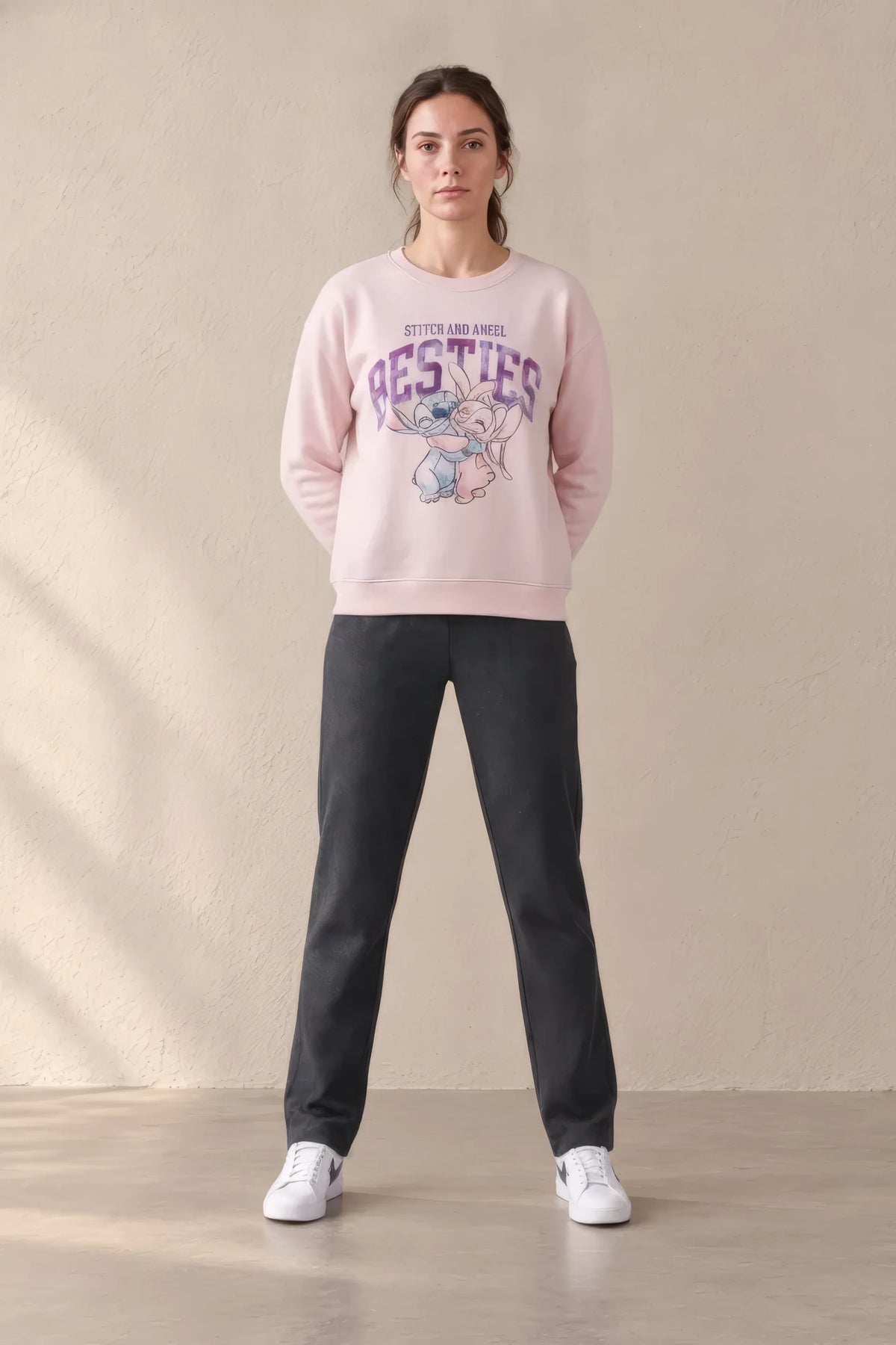 Women’s Disney Stitch & Angel Pink Brushed Cotton Fleece Sweatshirt – Regular Fit