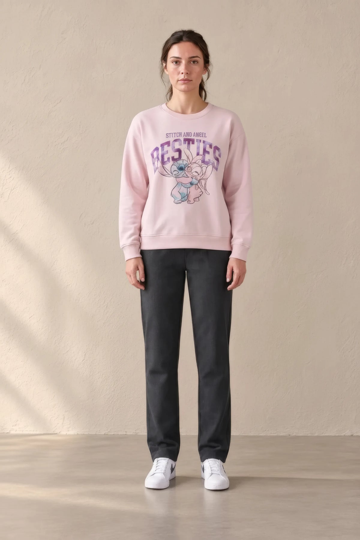 Women’s Disney Stitch & Angel Pink Brushed Cotton Fleece Sweatshirt – Regular Fit