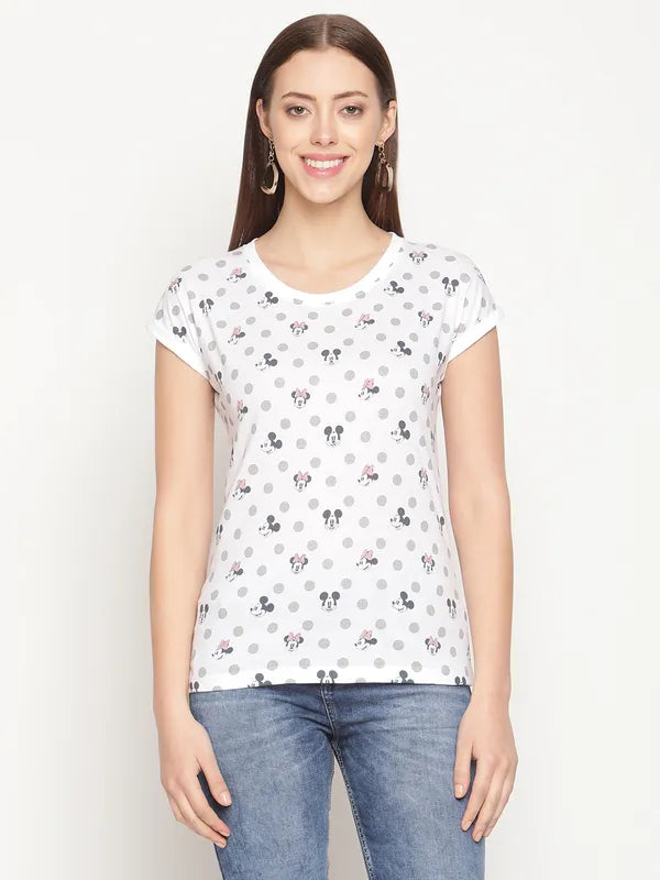 Mettle Women White Mickey Mouse Printed T-Shirt