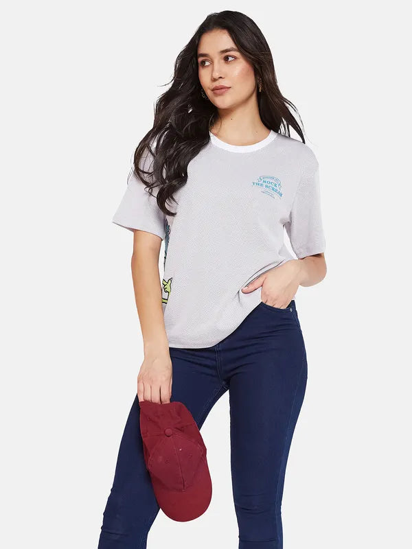 Mettle Ss24 Women Placement Print Round Neck Self Design T-Shirt