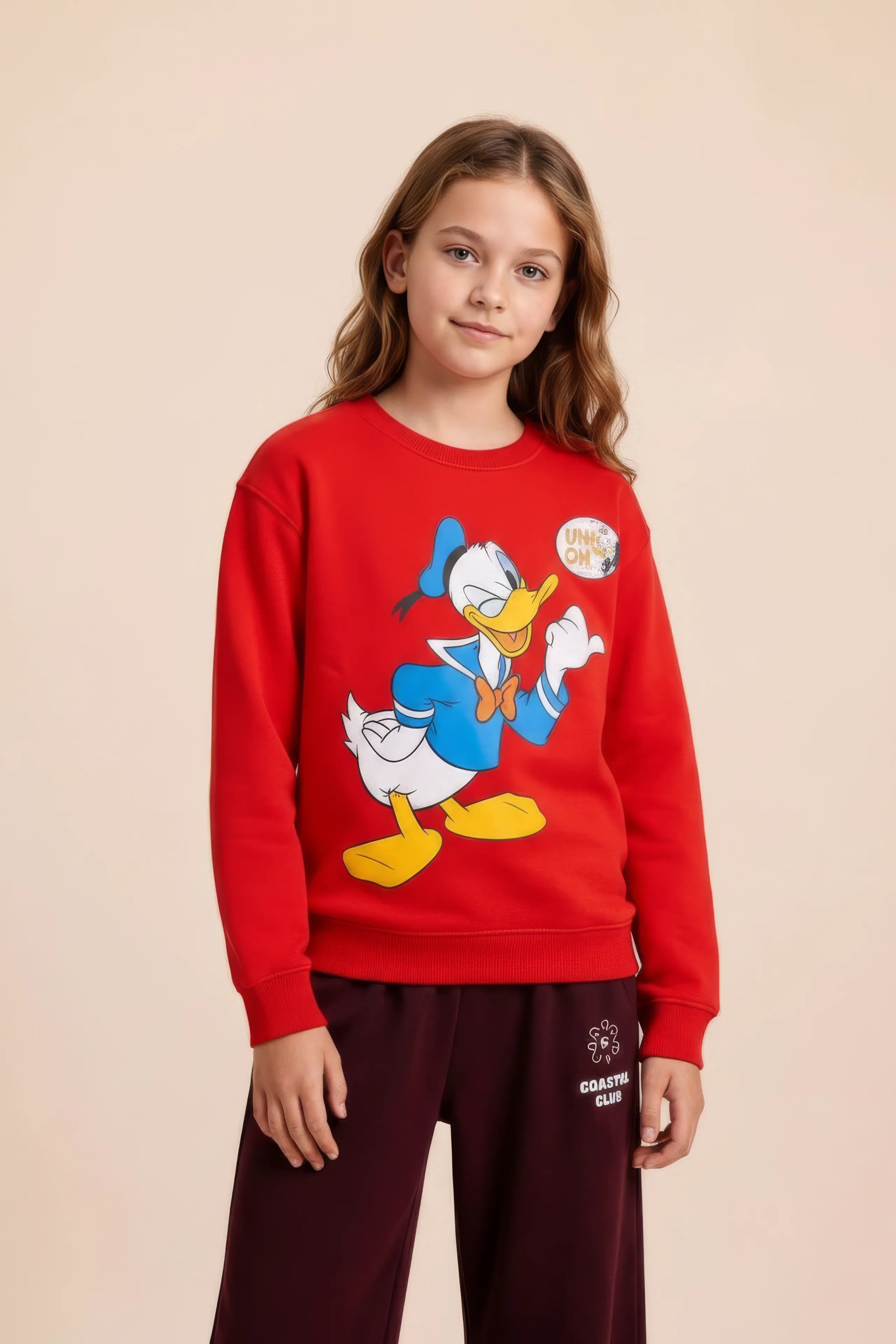 Junior Girls Tomato Cotton Fleece Corduroy Sweatshirt – Donald Duck Graphic | Regular Fit
