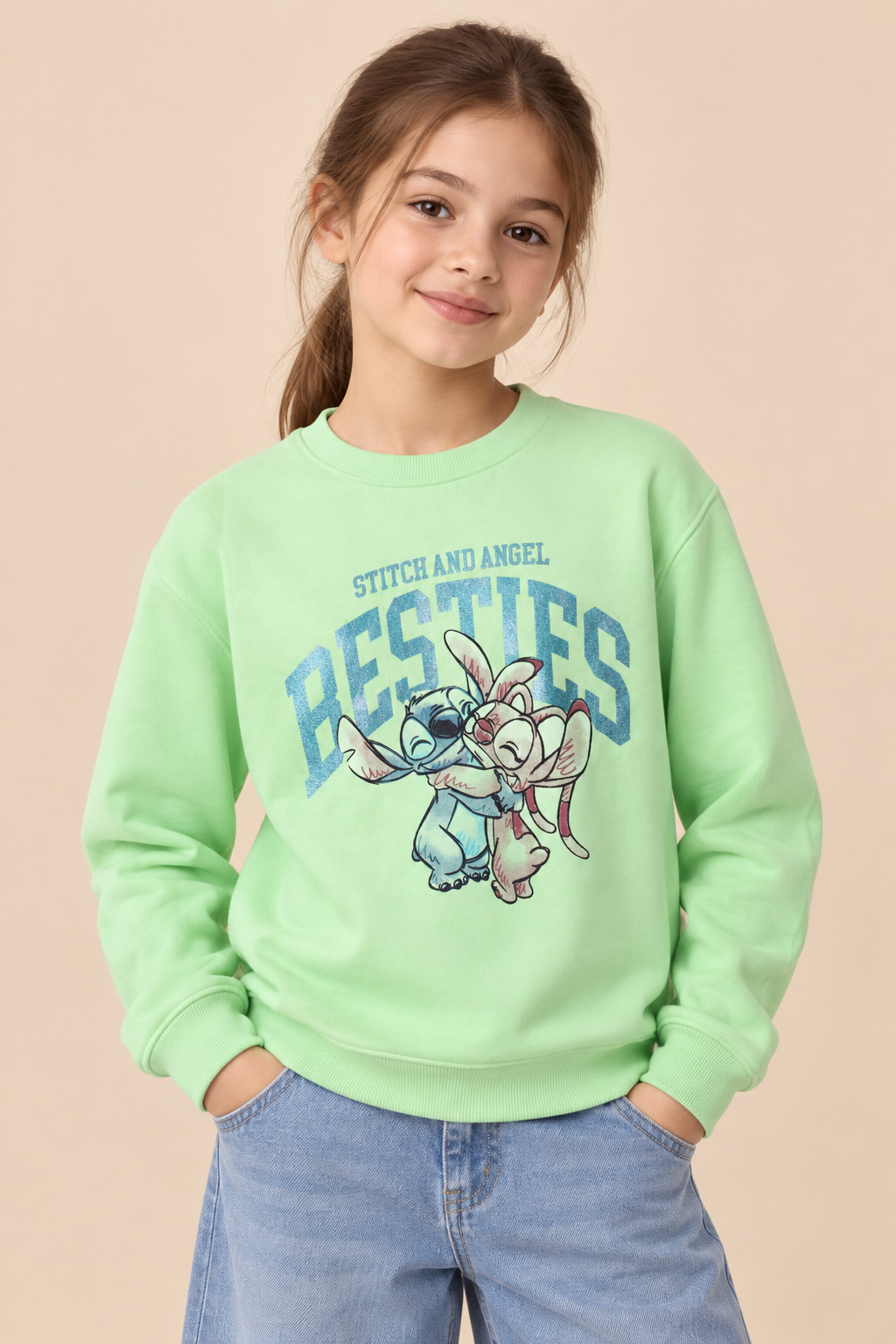 Junior Girls Neon Mint Brushed Cotton Fleece Regular Fit Graphic Sweatshirt
