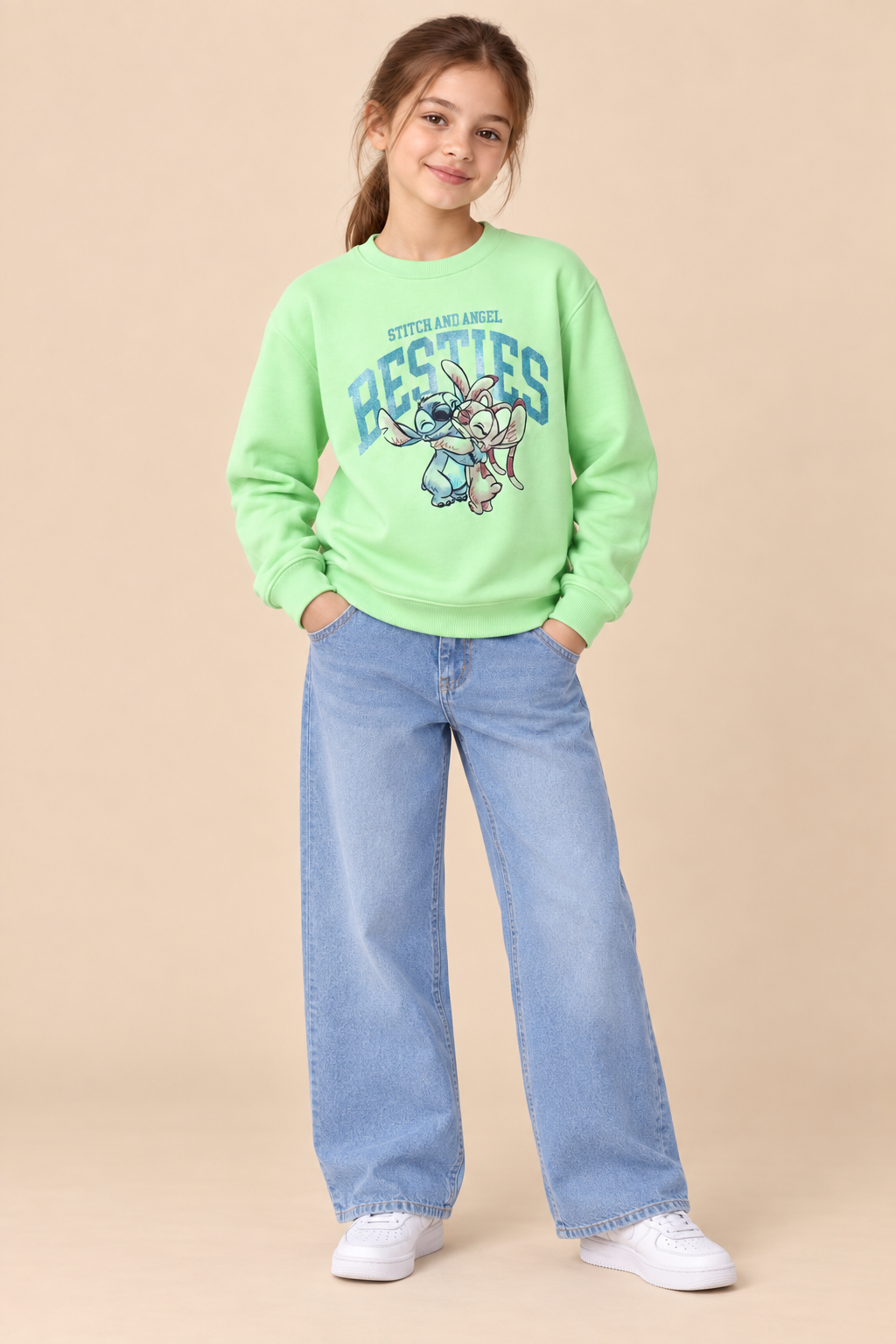Junior Girls Neon Mint Brushed Cotton Fleece Regular Fit Graphic Sweatshirt