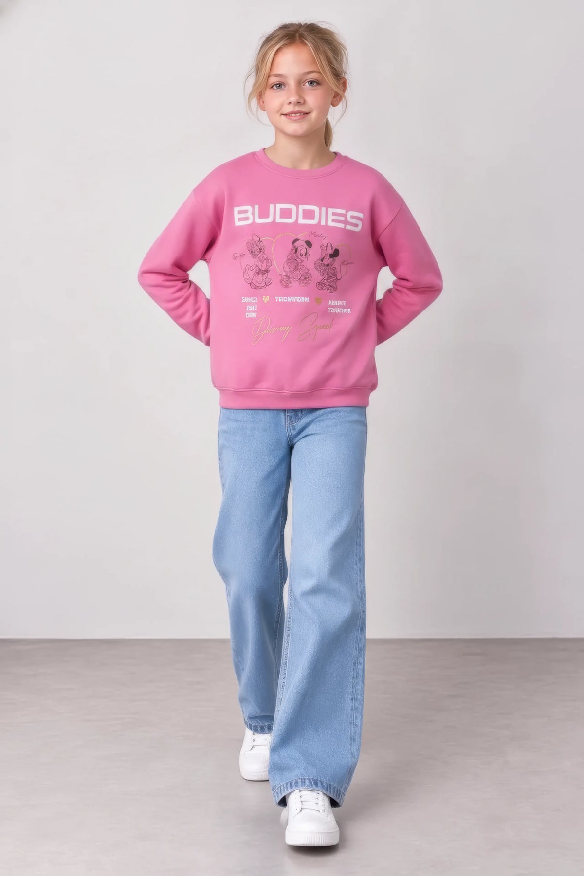 Junior Girls Shocking Pink Brushed Cotton Fleece Regular Fit Disney Graphic Sweatshirt