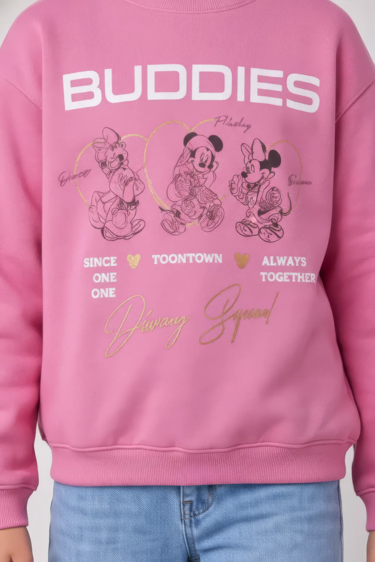 Junior Girls Shocking Pink Brushed Cotton Fleece Regular Fit Disney Graphic Sweatshirt