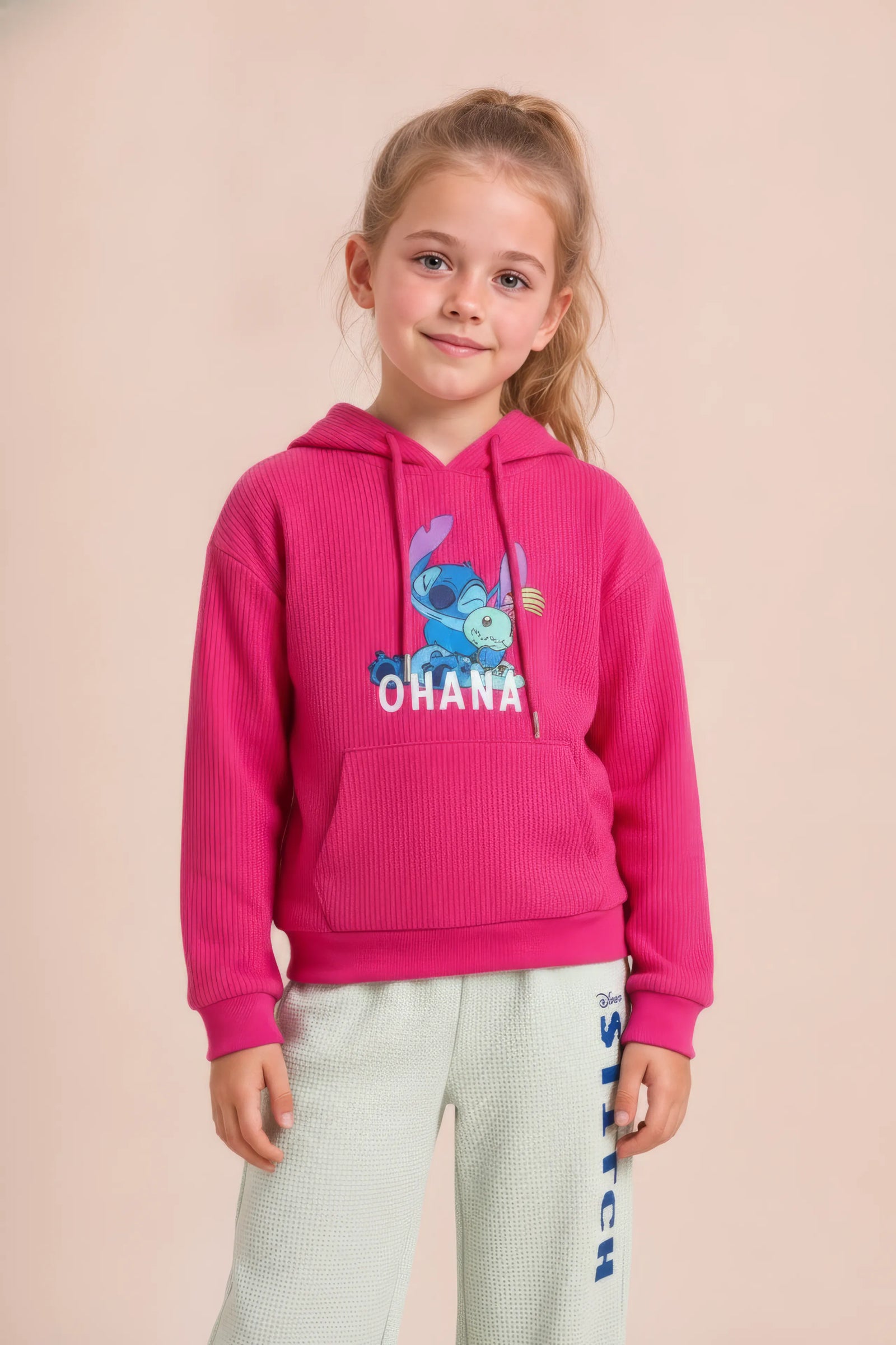 Junior Girls Hot Pink Cotton Fleece Corduroy Hoodie Sweatshirt – Regular Fit Ohana Graphic