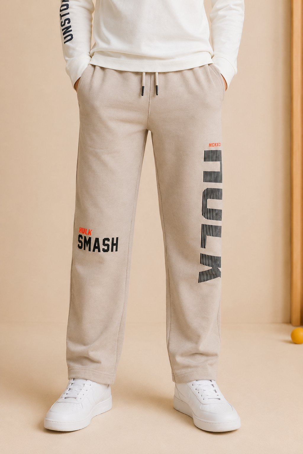 Junior Boys Marvel Hulk Sand Cotton Fleece Knitted Lower – Regular Fit Full Length Track Pants