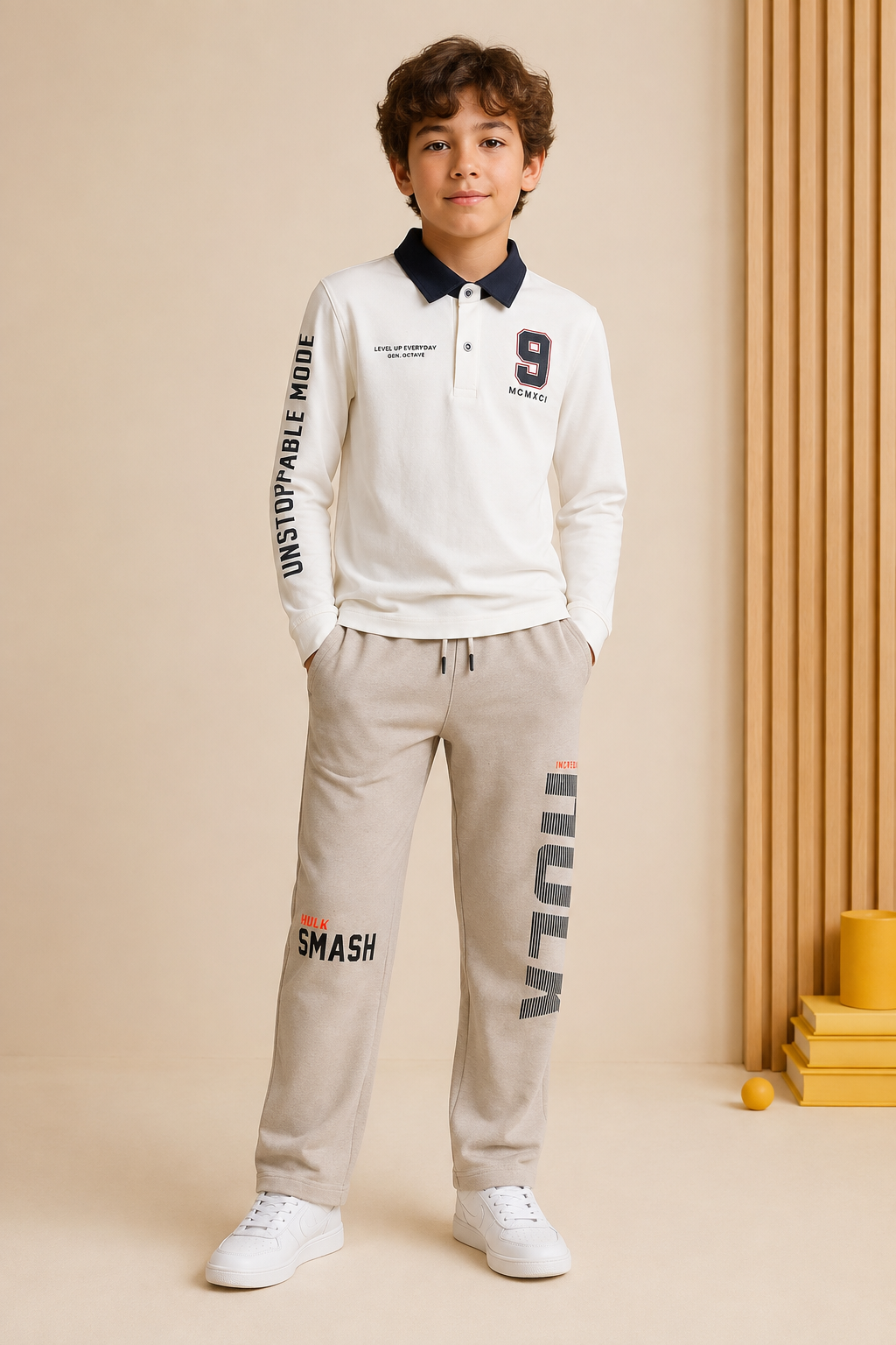 Junior Boys Marvel Hulk Sand Cotton Fleece Knitted Lower – Regular Fit Full Length Track Pants