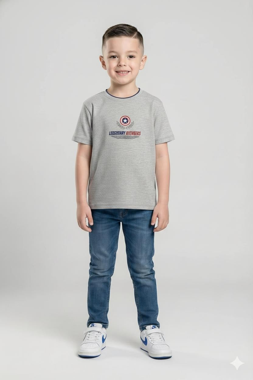 Boys Grey Melange Captain America Printed T-shirt