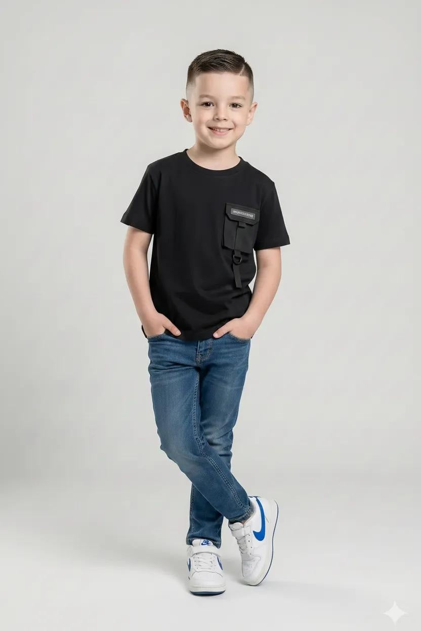 Boys Black Cotton Solid T-shirt