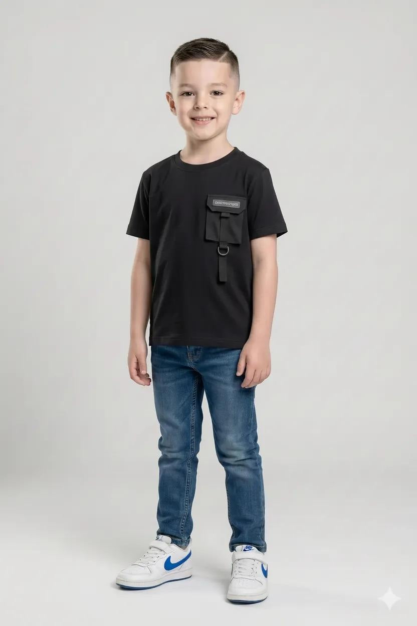 Boys Black Cotton Solid T-shirt