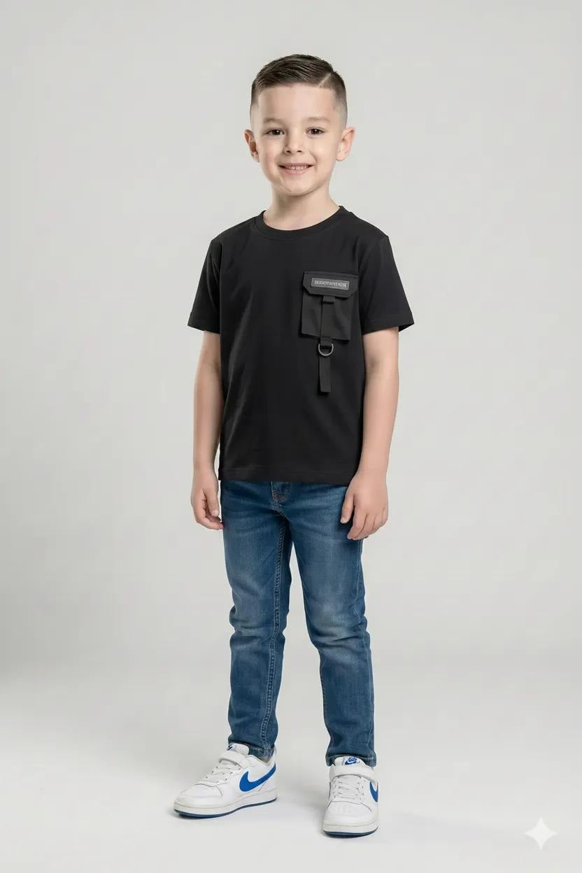 Boys Black Cotton Solid T-shirt