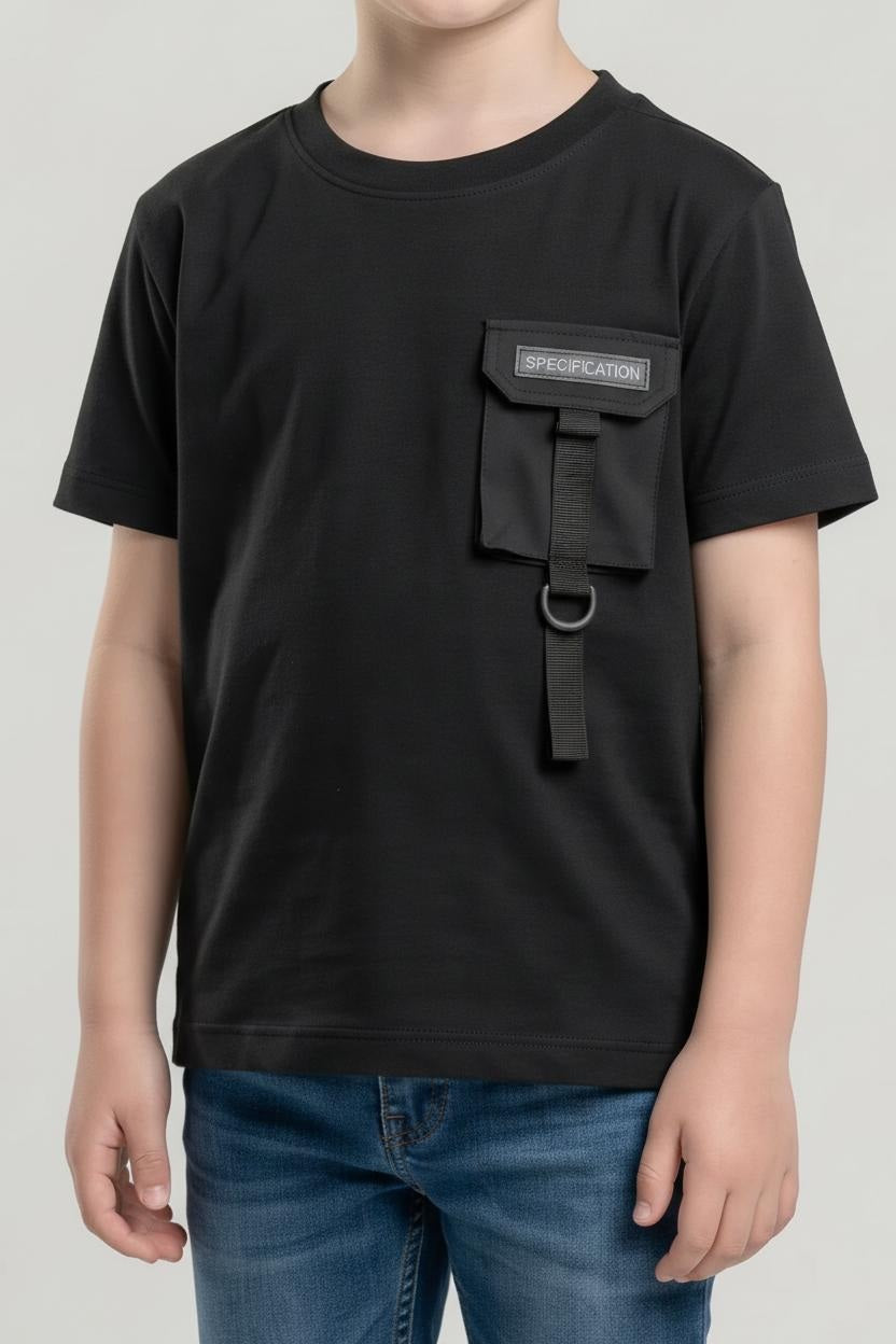 Boys Black Cotton Solid T-shirt
