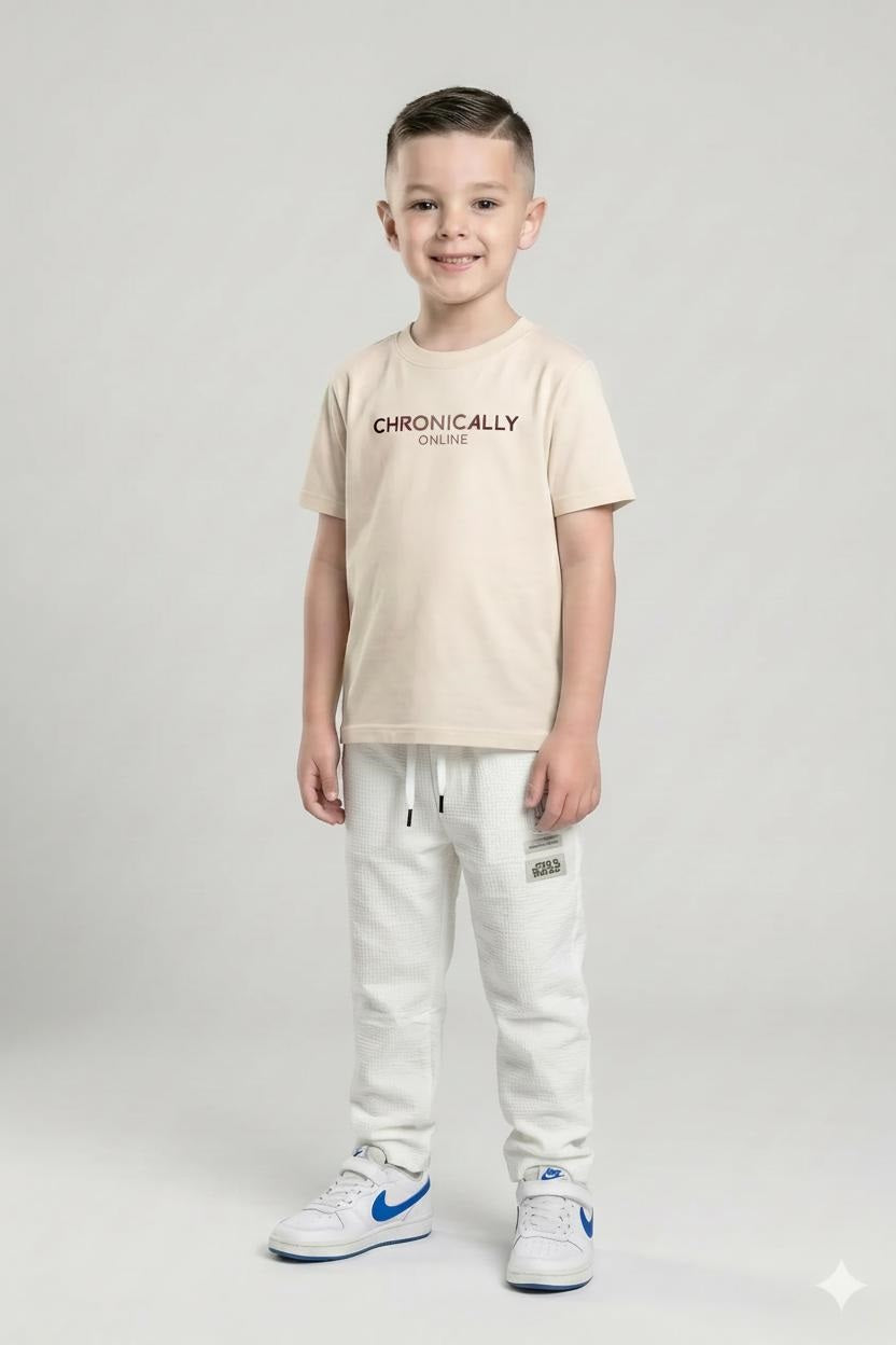 Boys Off White Regular Fit Textured Joggers