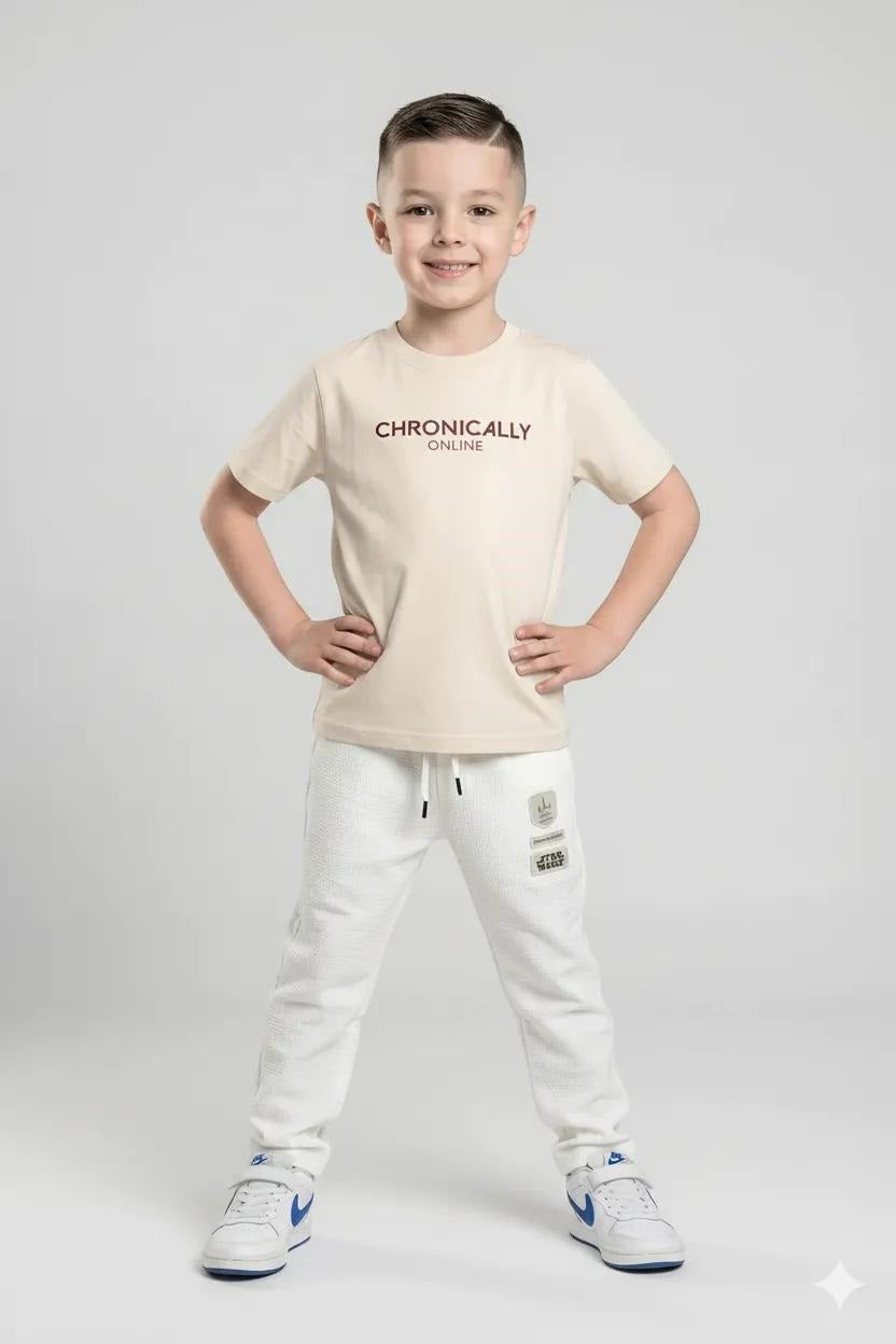 Boys Off White Regular Fit Textured Joggers
